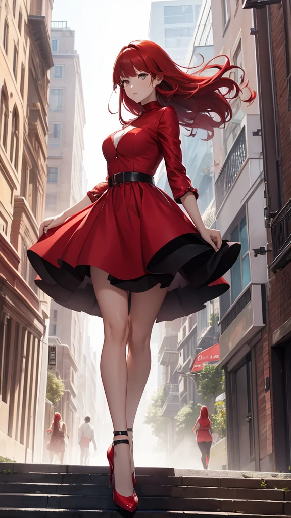 (best quality,4k,highres,masterpiece:1.2),ultra-detailed,realistic,portrait,vivid colors,daytime lighting
1girl,short fiery red hair,messy hairstyle,piercing blue eyes,serious expression,white dress,medium build,black knee-high boots,a barefoot girl standing in,a well-lit,courtyard