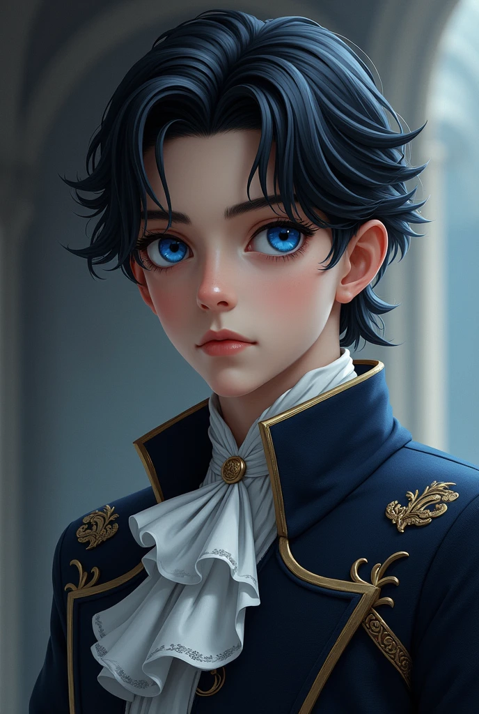 A dark haired boy, something long, his clothes very elegant, of a prince, and a serious face, Blue-eyed