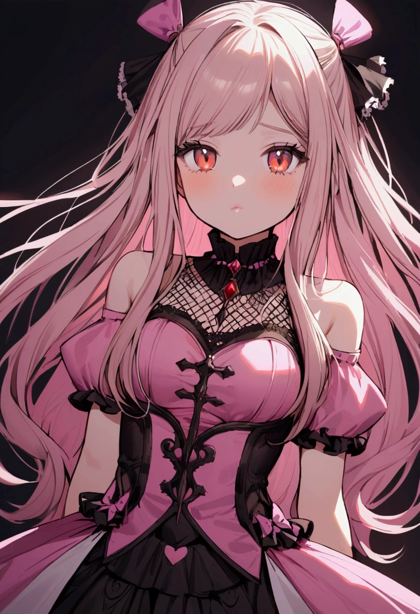 Young woman around her 17-19, has white strands, amber eyes, long hair,flushy cheeks, likes to wear pink Gothic clothes, her body tipes is hourglass