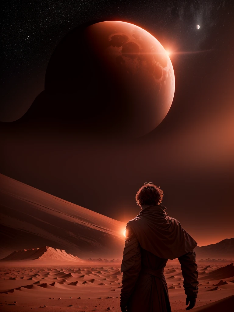 A man with his back turned, short and messy hair, standing in the middle of a red desert. He is looking at the horizon line where the red desert extends into a mountain range, eventually blending into a dark sky. Above, a partial eclipse is taking place, casting a surreal light across the landscape. The scene is set on Mars, with a sense of desolation. The sky is darkening, with the eclipse creating an otherworldly atmosphere. The image captures the man in contemplation, emphasizing the vastness of the alien landscape. Digital illustration, rendered in a high-quality style with pristine global illumination, capturing the surreal and eerie beauty of the scene.