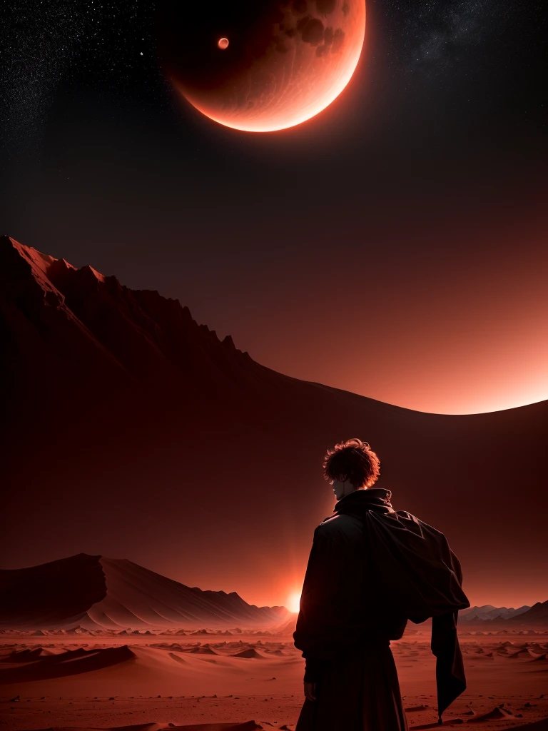 A man with his back turned, short and messy hair, standing in the middle of a red desert. He is looking at the horizon line where the red desert extends into a mountain range, eventually blending into a dark sky. Above, a partial eclipse is taking place, casting a surreal light across the landscape. The scene is set on Mars, with a sense of desolation. The sky is darkening, with the eclipse creating an otherworldly atmosphere. The image captures the man in contemplation, emphasizing the vastness of the alien landscape. Digital illustration, rendered in a high-quality style with pristine global illumination, capturing the surreal and eerie beauty of the scene.