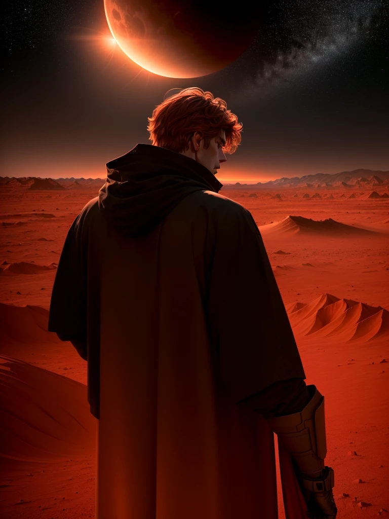 A man with his back turned, short and messy hair, standing in the middle of a red desert. He is looking at the horizon line where the red desert extends into a mountain range, eventually blending into a dark sky. Above, a partial eclipse is taking place, casting a surreal light across the landscape. The scene is set on Mars, with a sense of desolation. The sky is darkening, with the eclipse creating an otherworldly atmosphere. The image captures the man in contemplation, emphasizing the vastness of the alien landscape. Digital illustration, rendered in a high-quality style with pristine global illumination, capturing the surreal and eerie beauty of the scene.
