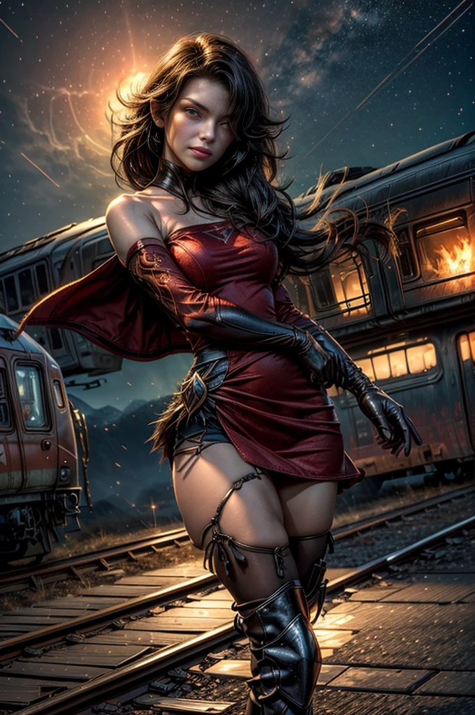 (masterpiece, best quality:1.2), cowboy shot, solo, 1girl, cinder fall, looking at viewer, long hair, red dress, elbow gloves, pantyhose, dynamic pose, next to wrecked train, holding flame, night, stars, closed mouth, serious look, serious expression, post-apocalypse, dystopian future  crowd, (volumetric lighting), sharp focus, hyper detailed 