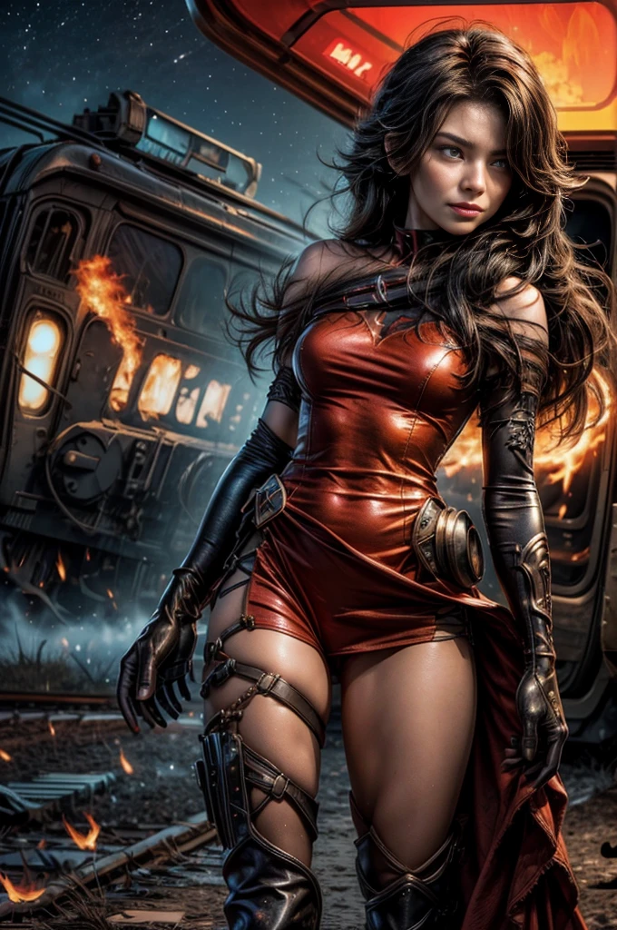 (masterpiece, best quality:1.2), cowboy shot, solo, 1girl, cinder fall, looking at viewer, long hair, red dress, elbow gloves, pantyhose, dynamic pose, next to wrecked bridge, wrecked train, holding fire, night, stars, closed mouth, evil smile, post-apocalypse, dystopian future crowd, (volumetric lighting), sharp focus, hyper detailed