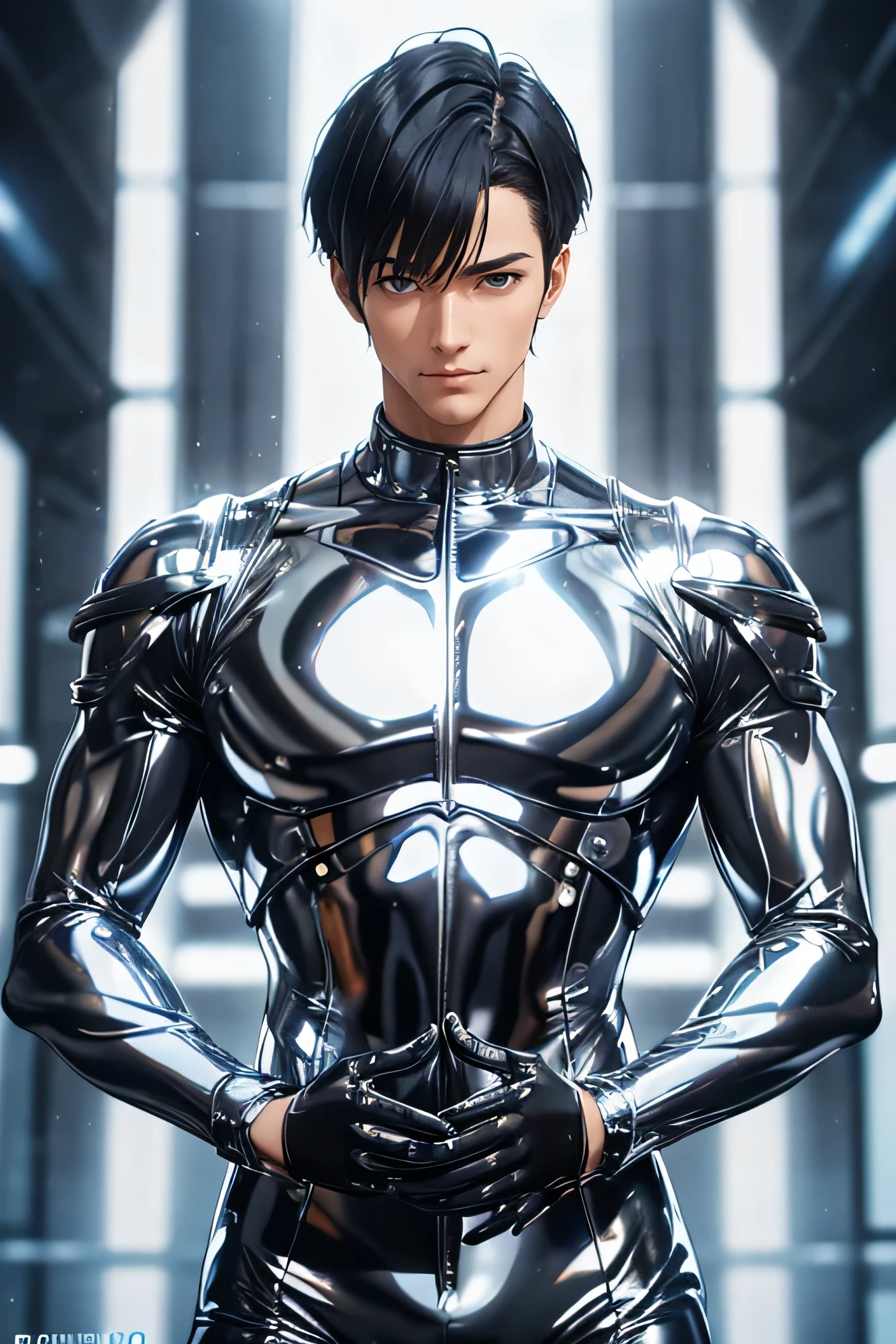 Handsome Japanese male models　　22 years old　smile　　　Black Hair　　Short cut　Short bangs　looking at the camera　　　　　Shiny full-body silver suit　　　Shiny silver latex suit　Mega Bulge　　looking at the camera　future world　　　　　Upper body close-up　Face close-up　　　　　 dynamic pose