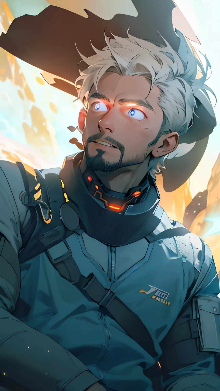 Draw a young programmer, sitting on a research platform floating in the middle of an asteroid belt. He is studying with a notebook, surrounded by several asteroids glowing with fiery auras. Dramatic lighting from distant stars and planets illuminates the scene, casting deep shadows on the suit. The young man looks confident and determined, looking at the vast and mysterious universe with wonder and respect,facial hair, cowboy shot,