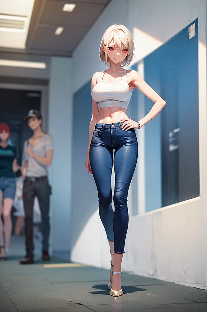 Create an image of a 20-year-old age woman .has sexy detailed body. He has an angelic face with red eyes, White skin. its height is 1,70 meters and has a detailed physique with large, firm breasts. Her short blonde hair, just above your shoulders, Wear a white tank top, neckline, xolo pants are blue, blue pants, visible navel, thing legs, thin legs, long legs, walking. The posture is straight and firm, looking towards the camera with a smile