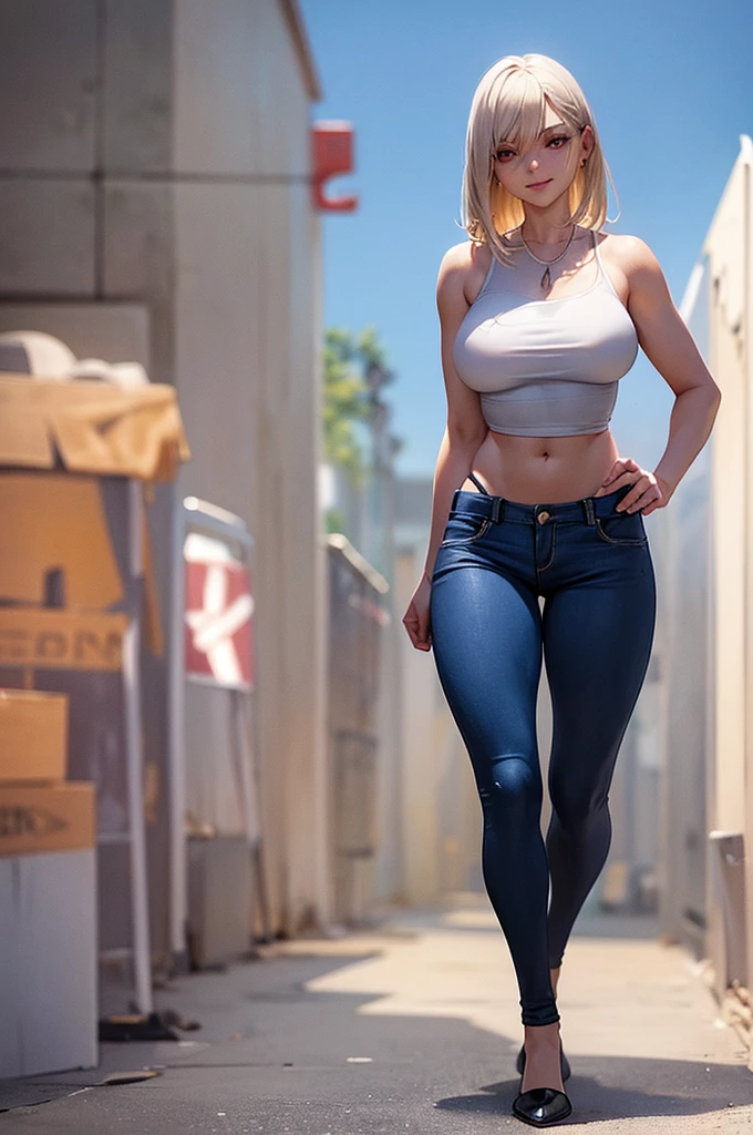 Create an image of a 20-year-old age woman .has sexy detailed body. He has an angelic face with red eyes, White skin. its height is 1,70 meters and has a detailed physique with large, firm breasts. Her short blonde hair, just above your shoulders, Wear a white tank top, neckline, xolo pants are blue, blue pants, visible navel, thing legs, thin legs, long legs, walking. The posture is straight and firm, looking towards the camera with a smile