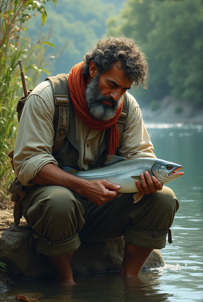 Man eating fish while fishing