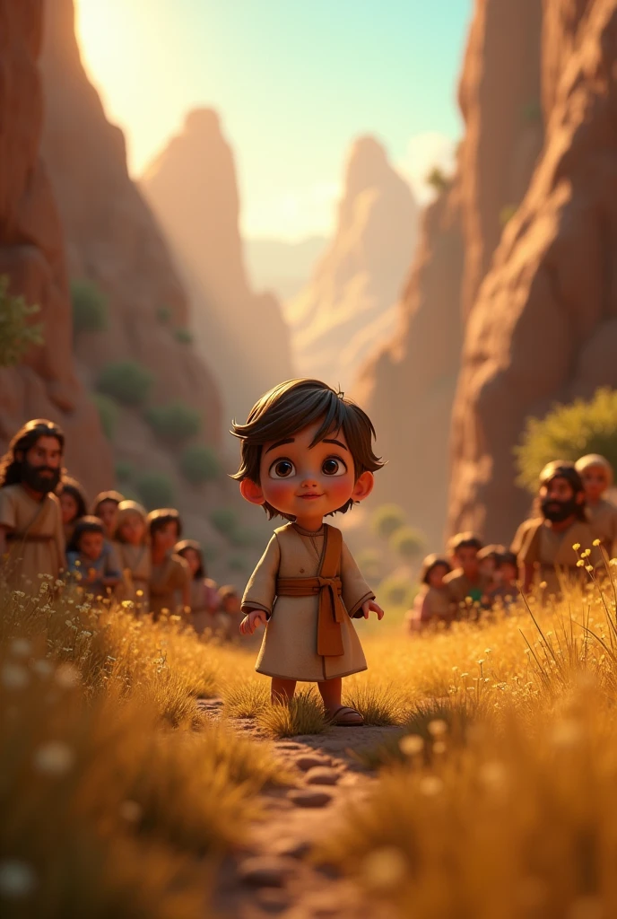 JESUS IN A VALLEY PLACING A CHILD IN THE CENTER IN FRONT OF THE PEOPLE PIXAR STYLE