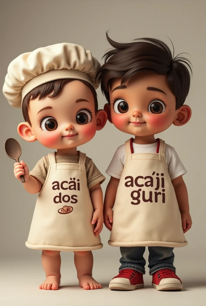 A baby with light eyes and hair, wearing an apron with the words açaí dos guri written on it. And a boy with dark hair and eyes , wearing an apron with the words açaí dos guri written on it. Photo for sale banner