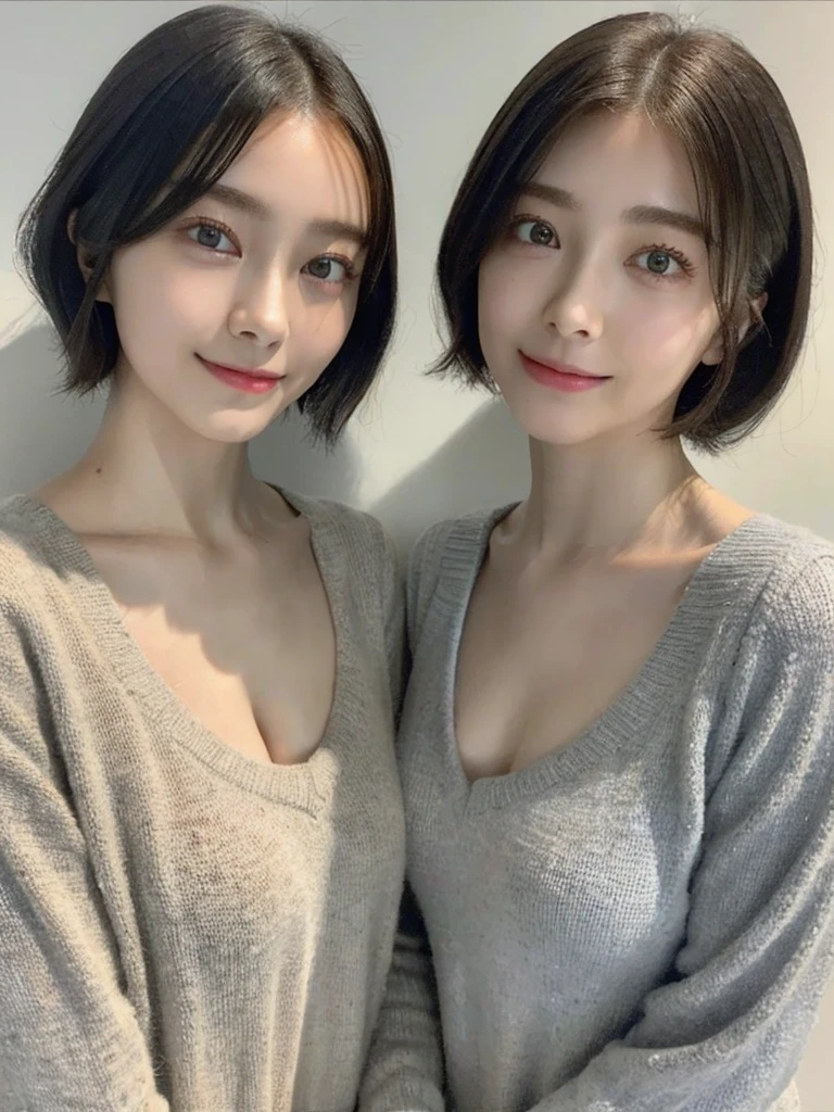 (masterpiece:1.3), (8k, Photoreal, Raw photo, best image quality: 1.4), Japanese high school girl、(random hairstyle:1.2)、cleavage:1.5、super detail face、eye for details、double eyelid、chest to chest、sharp focus:1.2、Beautiful woman:1.4、light brown hair、highest quality、masterpiece、超A high resolution、(Photoreal:1.4)、Highly detailed and professionally lit smiles、loose and light knitwear、shoulder out、thin、serious expression、short haired、deadly position
similar identical twins
All the girls have the exact same face, The two have the same face and figure, as if they were mirror images.