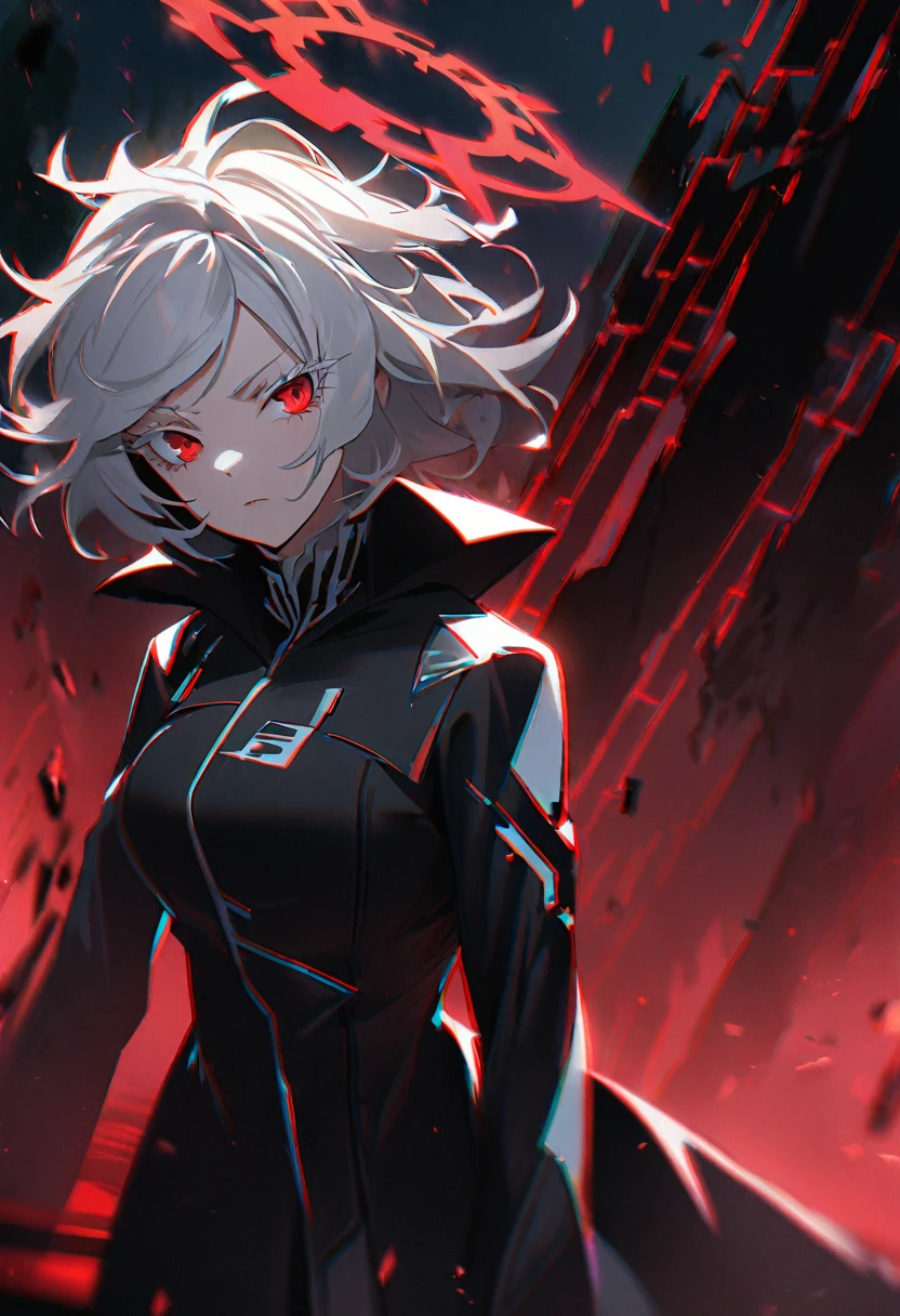 1girl, white hair, wild hair, red eyes, (white eyelashes:1.2), emotionless, red glow halo, mature, black coat, short hair, (chromatic aberration:1.2), reality break, destruction city, solo, (evil godness:1.2), digital dissolve, dynamic pose