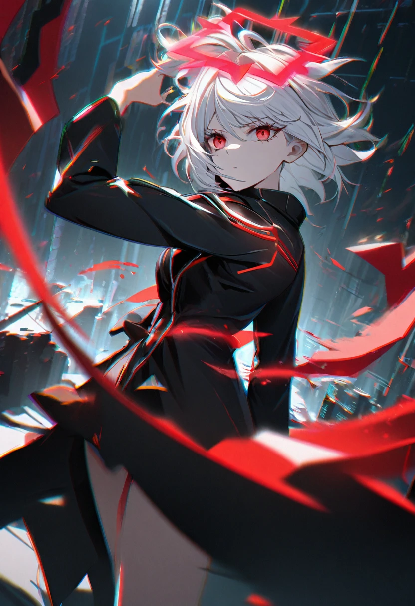 1girl, white hair, wild hair, red eyes, (white eyelashes:1.2), emotionless, red glow halo, mature, black coat, short hair, (chromatic aberration:1.2), reality break, destruction city, solo, (evil godness:1.2), digital dissolve, dynamic pose