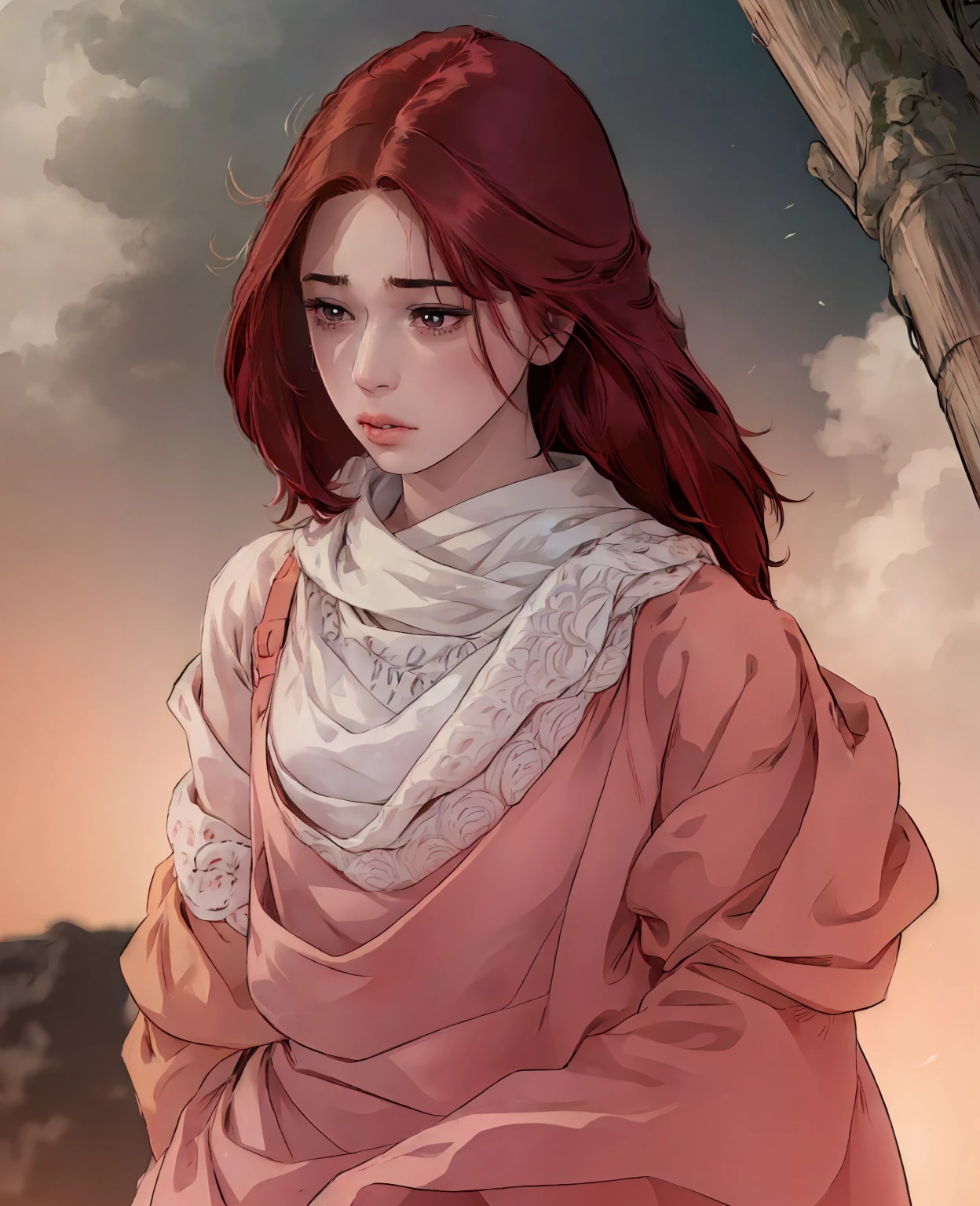 a young man with red hair and red eyes, wearing normal villager clothes, extremely detailed eyes and face, longeyelashes, intricate facial features, detailed clothing, detailed background, (best quality,4k,8k,highres,masterpiece:1.2),ultra-detailed,(realistic,photorealistic,photo-realistic:1.37),studio lighting,vivid colors,warm lighting,detailed environment,fantasy,digital painting,concept art