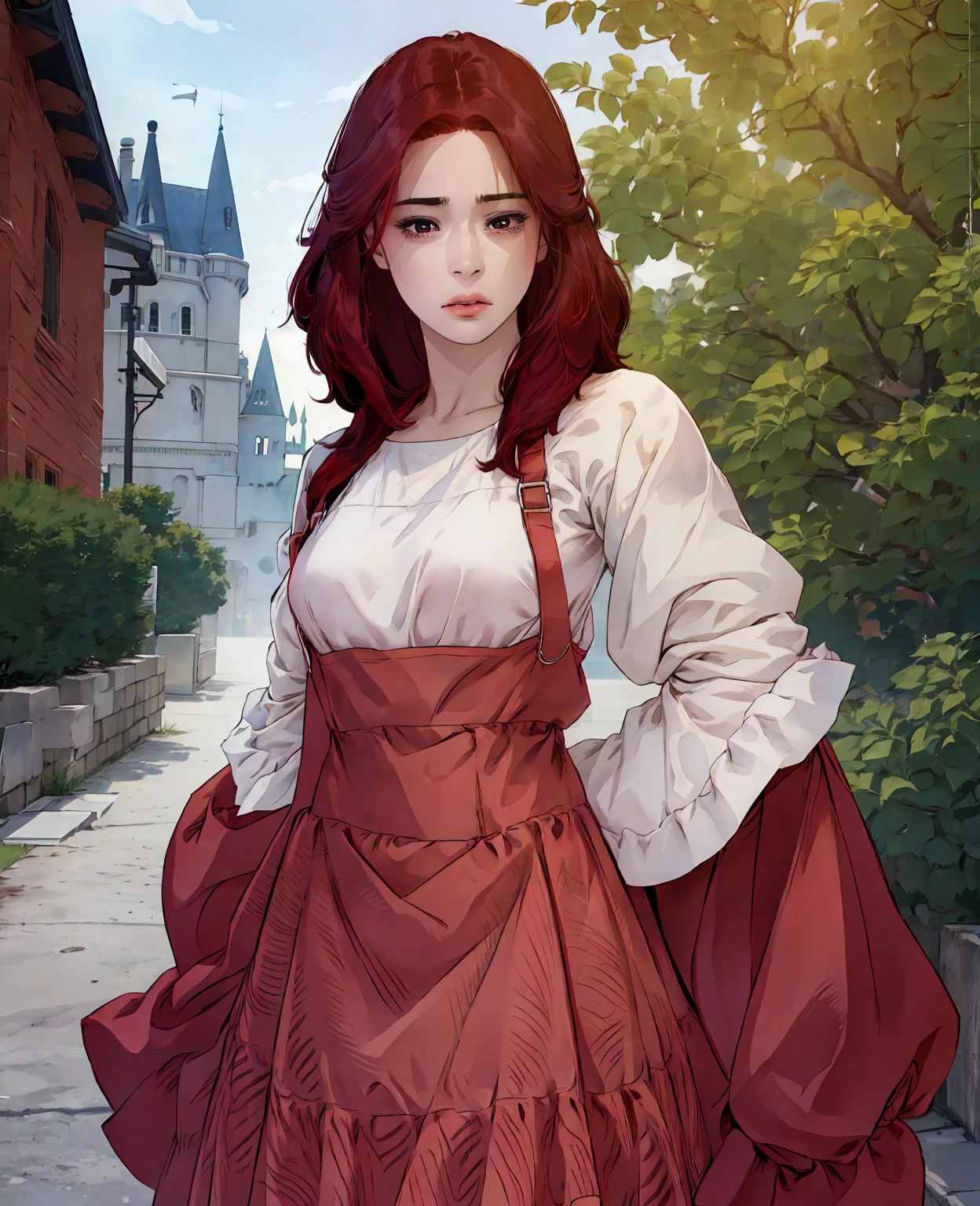 a young man with red hair and red eyes, wearing normal villager clothes, extremely detailed eyes and face, longeyelashes, intricate facial features, detailed clothing, detailed background, (best quality,4k,8k,highres,masterpiece:1.2),ultra-detailed,(realistic,photorealistic,photo-realistic:1.37),studio lighting,vivid colors,warm lighting,detailed environment,fantasy,digital painting,concept art