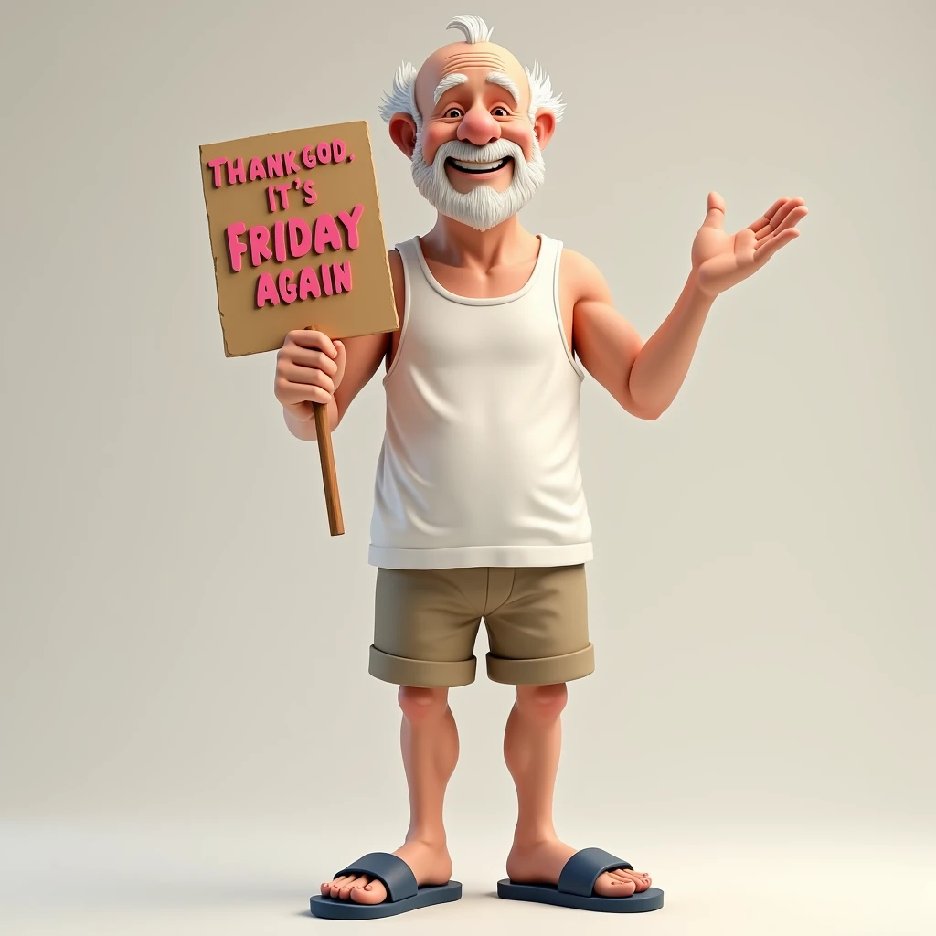 An elderly man in his 70s, cheerfully smiling, beardless and bald, wears a white XL tank top and khaki shorts with open-toed navy blue sandals and a cardboard sign that read in bold pink and red "Thank God, it's Friday again." 3d rendering, illustrationAn