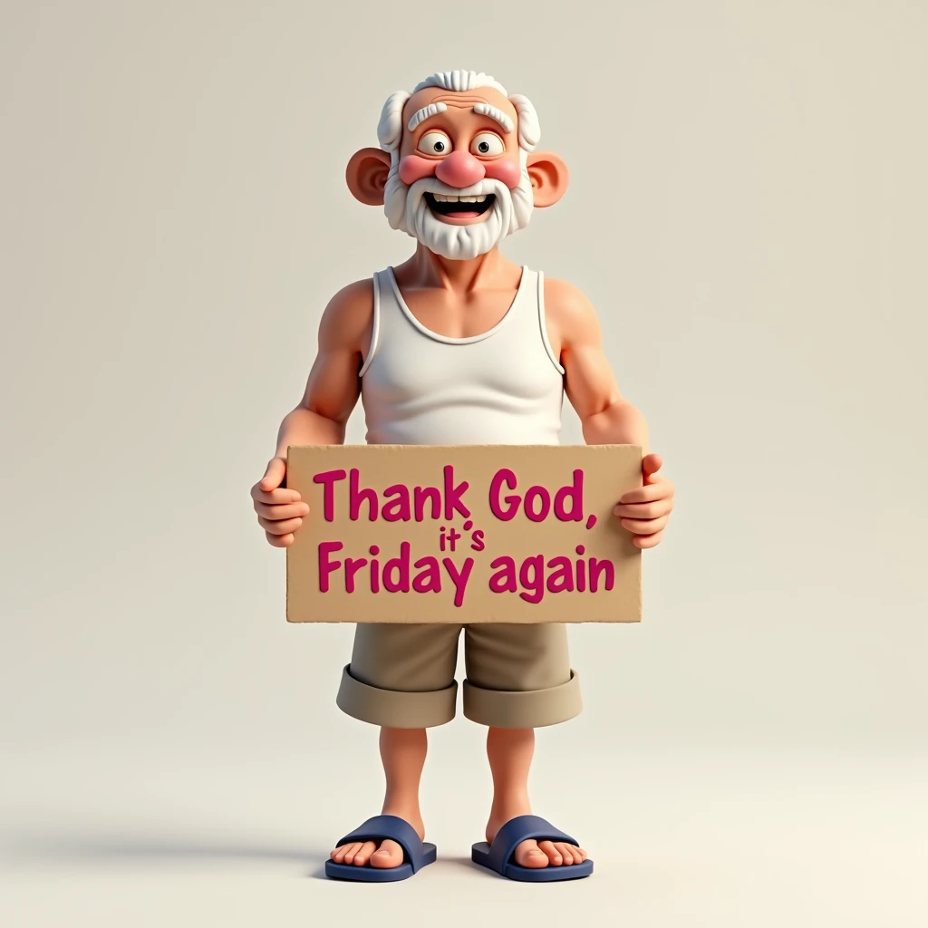 An elderly man in his 70s, cheerfully smiling, beardless and bald, wears a white XL tank top and khaki shorts with open-toed navy blue sandals and a cardboard sign that read in bold pink and red "Thank God, it's Friday again." 3d rendering, illustrationAn