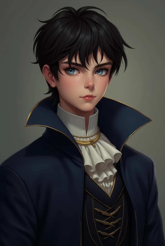 A dark haired boy, something long, his clothes very elegant, of a prince, and a serious face, with small blue eyes