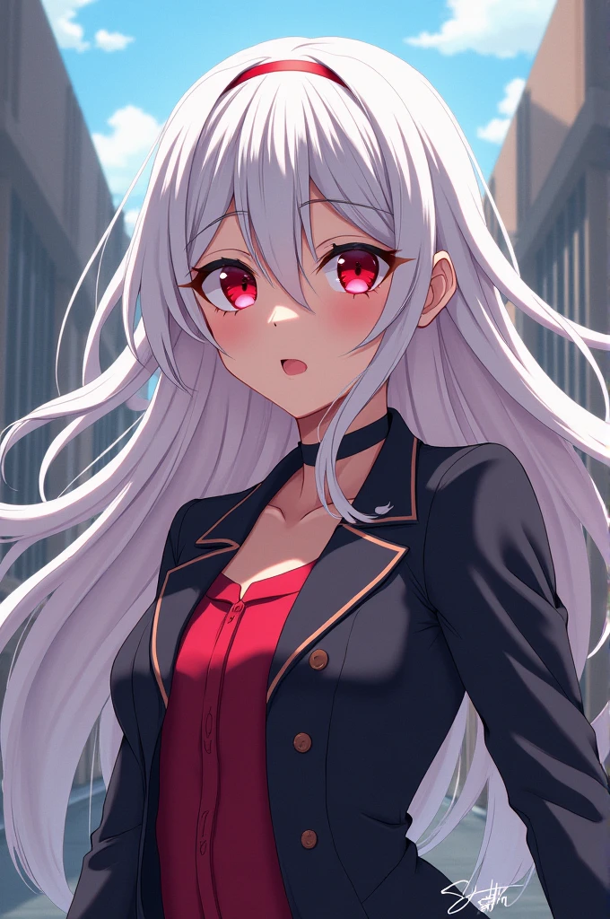 Anime girl Boku no Hero academia with long white hair and red eyes