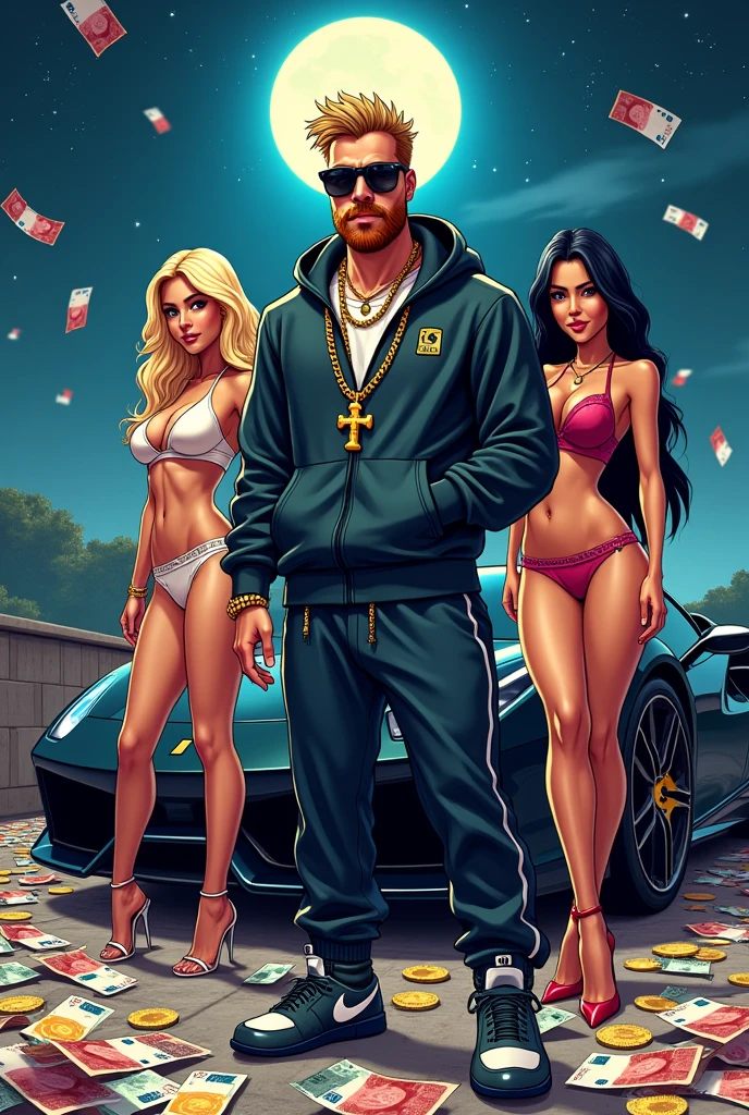 Cartoon, White gangster rapper, bad boy ,Height 175 centimeters , with short blonde hair and a red 3 day beard, wears a chain with a cross and Nike shoes and a Nike jogging suit
stands in front of a black Ferrari, to the left and right of him are two pretty women with blonde and black hair in hot pants, there are lots of colorful euro bills everywhere,
In the background the moon and Stars