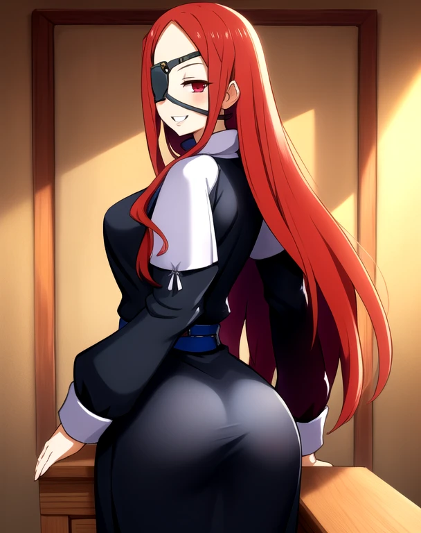 Marietta, right eyepatch, long red hair, grin, red eyes,
blue roped belt,long sleeves,black dress, castle, indoors,
(insanely detailed, beautiful detailed face, masterpiece, beautiful detailed eyes, best quality) room leaning back, posing, from behind, ass support looking at viewer,