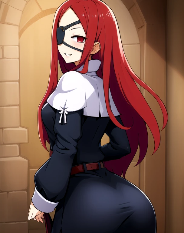 Marietta, right eyepatch, long red hair, grin, red eyes, 
blue roped belt,long sleeves,black dress, castle, indoors,  
 (insanely detailed, beautiful detailed face, masterpiece, beautiful detailed eyes, best quality) room leaning back, posing, from behind, ass support looking at viewer, 
 