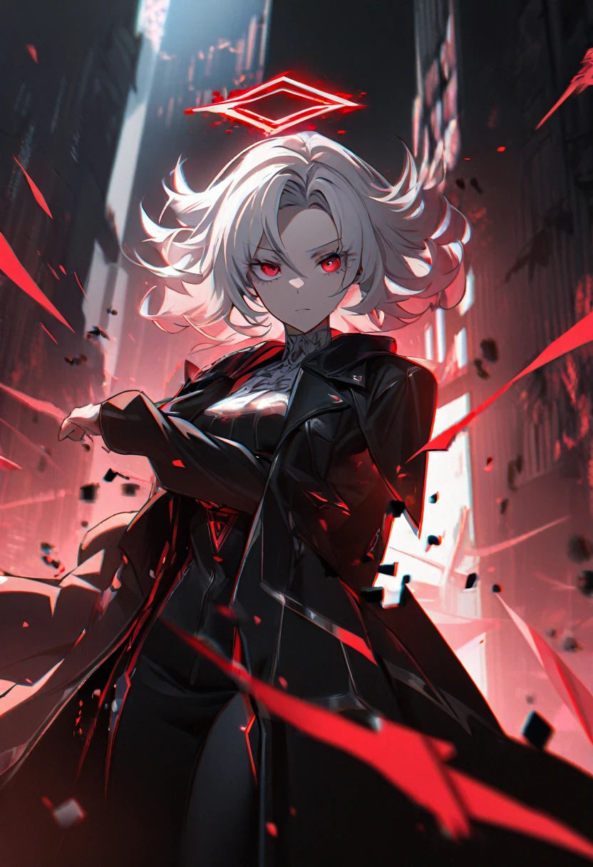 1girl, white hair, wild hair, red eyes, (white eyelashes:1.2), emotionless, red glow halo, mature, black coat, short hair, (chromatic aberration:1.2), reality break, destruction city, solo, (evil godness:1.2), digital dissolve, dynamic pose