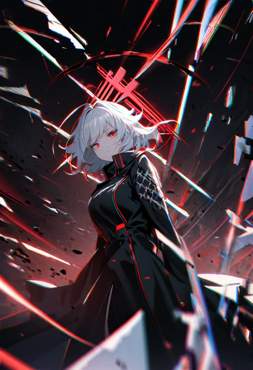1girl, white hair, wild hair, red eyes, (white eyelashes:1.2), emotionless, red glow halo, mature, black coat, short hair, (chromatic aberration:1.2), reality break, destruction city, solo, (evil godness:1.2), digital dissolve, dynamic pose