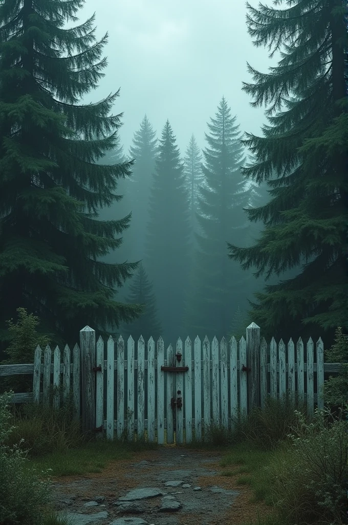 Scenery of a forest entrance, an old white fence in front of a large, dense pine forest, the weather is cloudy, and brings a sense of mystery and fear.