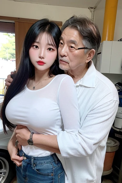 (((1 old korean man and ung korean girl couple))), {1 korean girl is 20 years old, strikingly beautiful, black hair, delicate facial features, red lips,expressive eyes, perfect anatomy, best quality, shiny skin, (skinny, slender body:1.2), black hair, very long wavy hair, bangs, shiny-blue eyes, black eyelash, black eyeliner, nose, [shiny natural red lips], large breasts, white button-shirt, denim-pants, necklace, smartphone}, (((old man is 70 years old, wearing mechanic's work clothes))), correct hands, ((old man hugging young girl)), focus on old man,