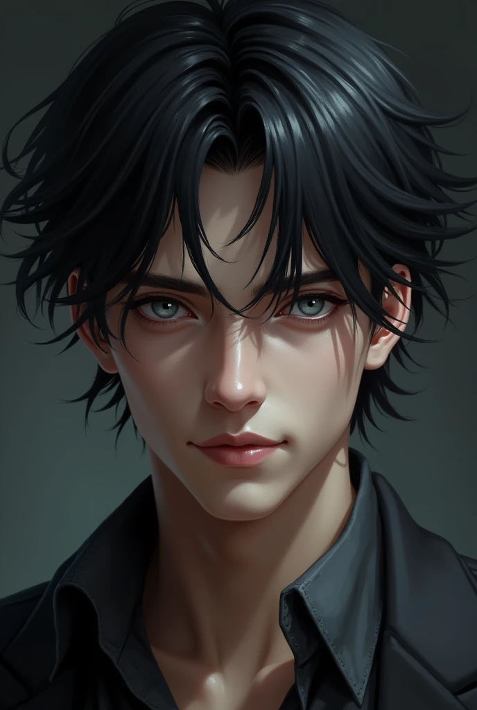 a young lad, white skin and black hair, gray blue eyes. Despite being young, he has a marked jaw., a treacherous smile. 