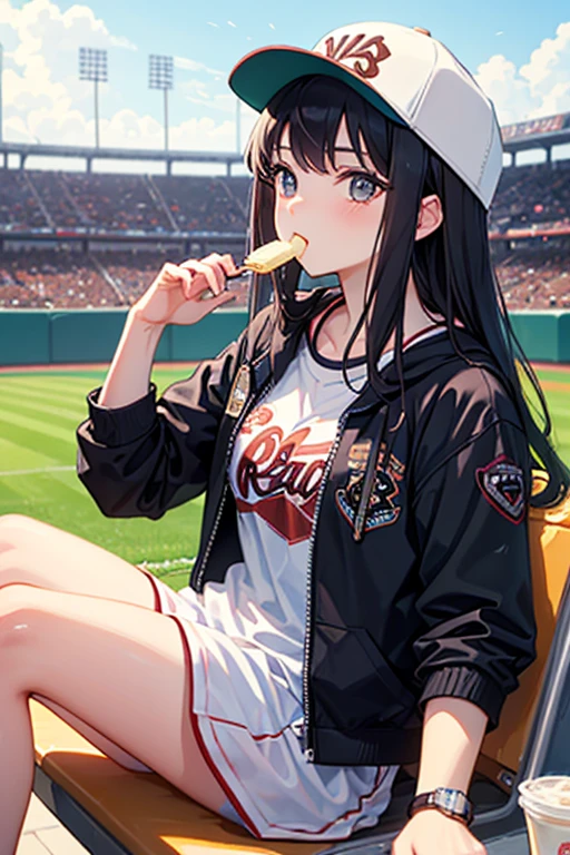 Beautiful girl, watching while eating ice cream (while watching baseball)