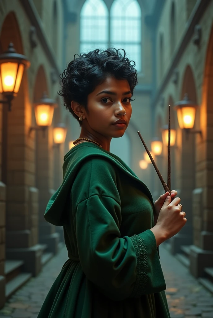 Fb cover Photo of indian 25 years old girl, chubby little bit,bright eyes, clear eyes,smooth soft skin, black short curly hair, soft lighting, detailed face standing in a Hogwarts with a wand. Wearing slytherin dress.