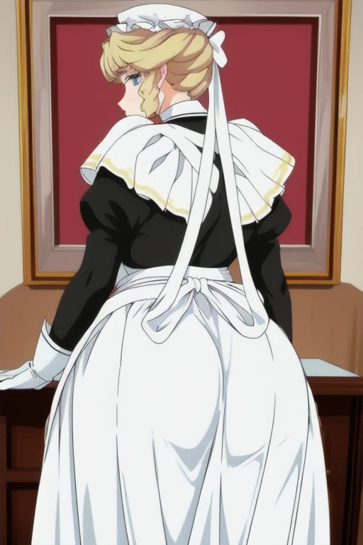 Maria_VM, huge_breasts, standing, solo, VIctorian_Maid_Uniform, masterpiece, best quality, detailed face, detailed eyes, highres, white gloves, long skirt, leaning back, posing, from behind, ass support looking at viewer, 