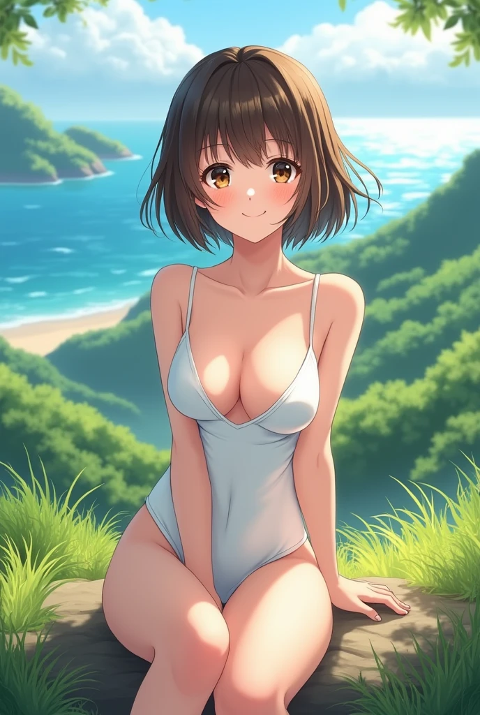 Brown Hair、short hair、Almond Eye、White swimsuit、Sitting facing the front、valley、Japanese beauty、smile、Ocean