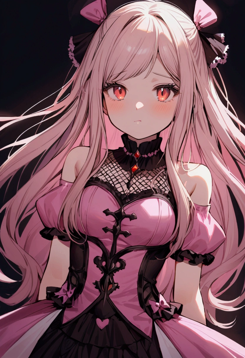 Young woman around her 17-19, has white strands, amber eyes, long hair,flushy cheeks, likes to wear pink Gothic clothes, her body tipes is hourglass, playing a guitar