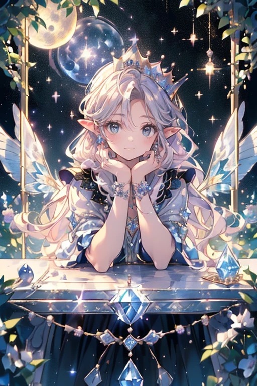 (masterpiece,best quality, Very detailed, fair, Beautifully, 16K, Full HD),((Dynamic angle)), (((Moonlit Night,full moon,Starry Sky,Meteor群,Meteor,))),((Smile,???,Smile,)),(hope,prayer:1.2),((trim, rhinestones, silver and diamonds,Light blue puffy tiered ball gown)),((diamond shine)),((Butterfly wings)),(diamond crown,Diamond necklace,Diamond earrings,diamond shoes,),fair boy、male、Boys,(Medium long blonde hair,hair blowing in the wind, Fluffy hair),(White skin,lilac eyes, Long eyelashes, big eyes,pale pink cheeks, Pointed ears), (On the table, art station, fantasy art:1.2),