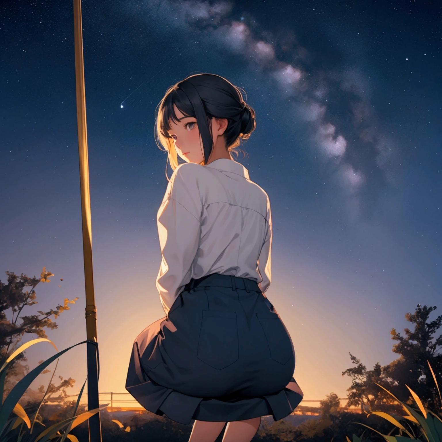 a girl seen from behind, very pensive sitting on a swing on a starry night, that gives the impression that she is daydreaming, very happy and at peace