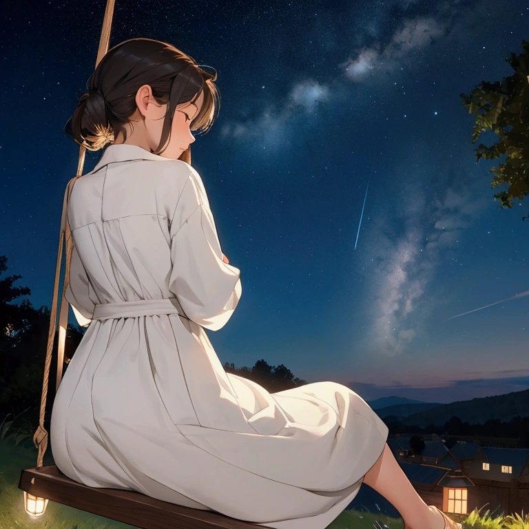 a girl seen from behind, very pensive sitting on a swing on a starry night, that gives the impression that she is daydreaming, very happy and at peace
