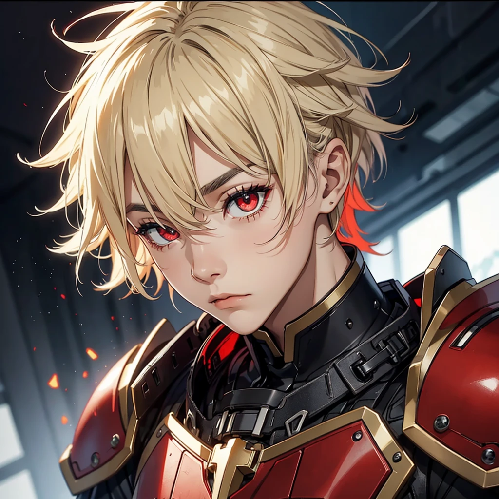 Young man with eyes as black as the night sky with a wild expression black and red armor 