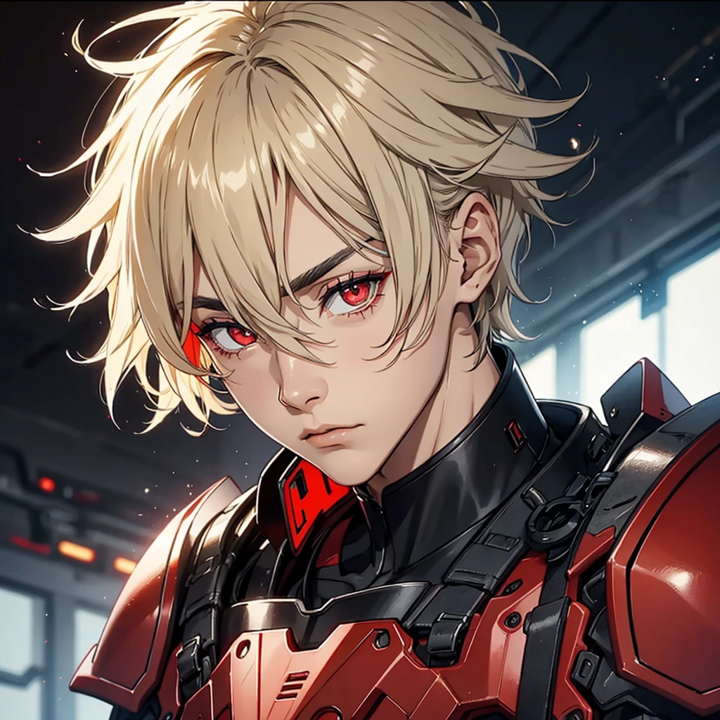 Young man with eyes as black as the night sky with a wild expression black and red armor 