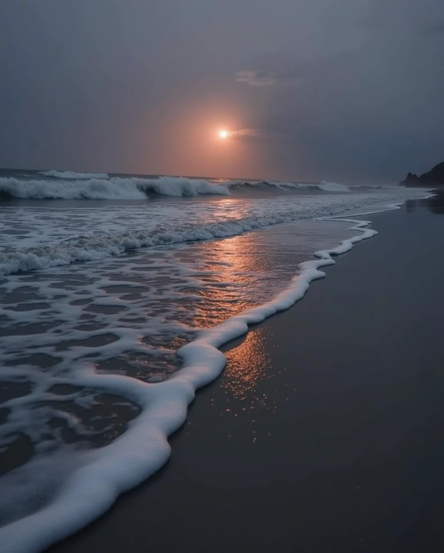This image depicts a breathtaking and serene nighttime coastal scene. The waves are gently lapping at the shore, creating a shimmering trail of light that extends from the horizon into the foreground. The sky is darkened with a subtle hue, creating a moody and atmospheric atmosphere. The orange glow on the horizon suggests the presence of the setting sun, casting a warm glow over the water and shore. The overall composition is visually striking and evokes a sense of tranquility and wonder.