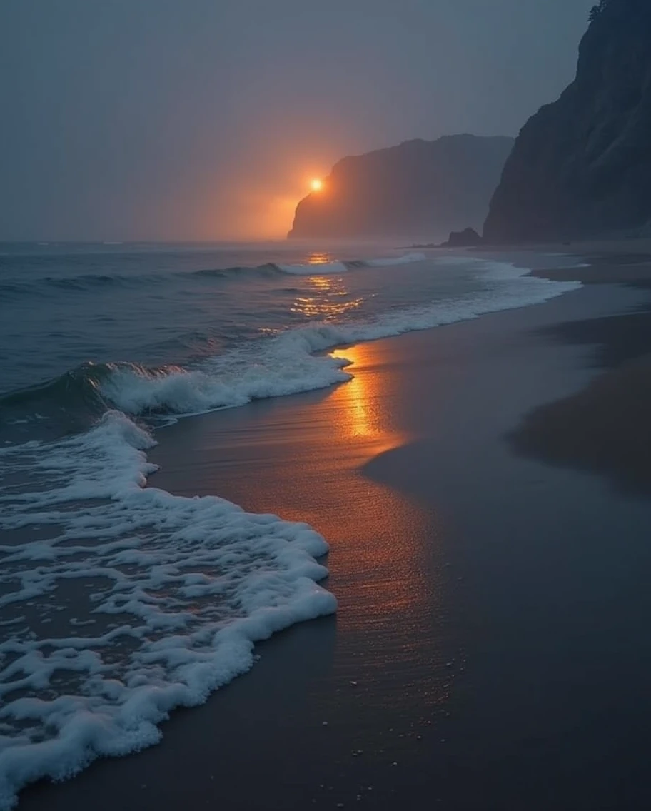 This image depicts a breathtaking and serene nighttime coastal scene. The waves are gently lapping at the shore, creating a shimmering trail of light that extends from the horizon into the foreground. The sky is darkened with a subtle hue, creating a moody and atmospheric atmosphere. The orange glow on the horizon suggests the presence of the setting sun, casting a warm glow over the water and shore. The overall composition is visually striking and evokes a sense of tranquility and wonder.