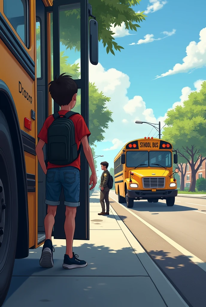 Student boy gets off the bus and looks on the sidewalk at the principal receiving a fine