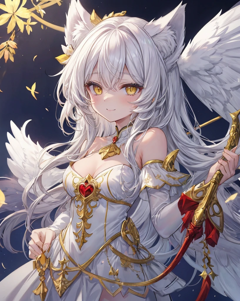 1catgirl, cat ears, (white long hair)) , oversaturated yellow eyes, intricate cool dress. Bare shoulders, white god dress with gold skirt. Portrait. Medium . Super detailed. Perfect anime yellow eyes, bare shoulders, white angel Wings.
Natural pose. She's smiling , she's Smart . White fox tail. She's cupid, she's on top of a skyscraper with a bow to Hitting the lovers with a bow (gold bow), (arrow) .she is surrounded by gold hearts. She is surrounded by red hearts. She's flying (midair shot), (flying), As in Greek paintings.