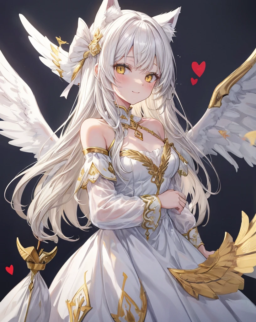  1catgirl, cat ears, (white long hair)) , oversaturated yellow eyes, intricate cool dress. Bare shoulders, white god dress with gold skirt. Portrait. Medium breast. Super detailed. Perfect anime yellow eyes, bare shoulders, white angel Wings. 
 Natural pose.  She's smiling , she's Smart . White fox tail. She's cupid, she's on top of a skyscraper with a bow to Hitting the lovers with a bow (gold bow), (arrow) .she is surrounded by gold hearts. She is surrounded by red hearts. She's flying (midair shot), (flying), As in Greek paintings. 