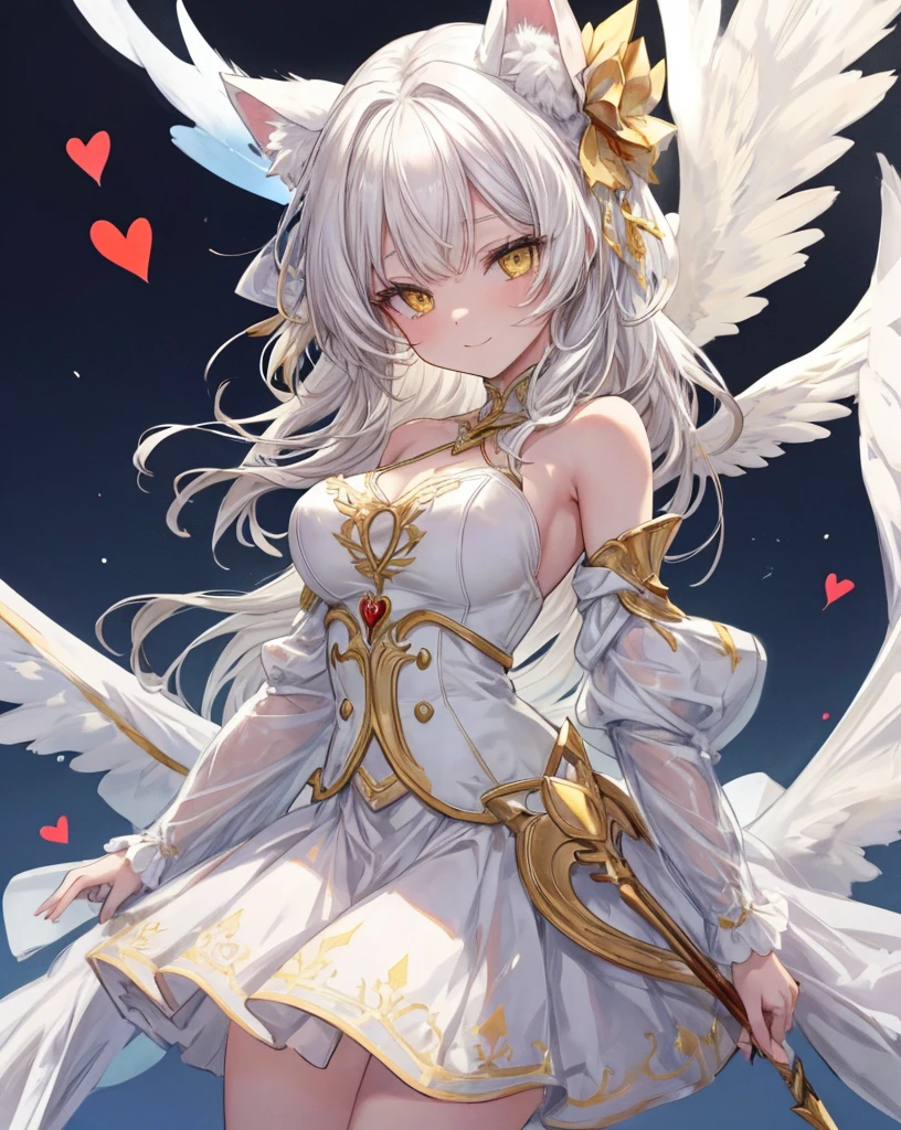  1catgirl, cat ears, (white long hair)) , oversaturated yellow eyes, intricate cool dress. Bare shoulders, white god dress with gold skirt. Portrait. Medium breast. Super detailed. Perfect anime yellow eyes, bare shoulders, white angel Wings. 
 Natural pose.  She's smiling , she's Smart . White fox tail. She's cupid, she's on top of a skyscraper with a bow to Hitting the lovers with a bow (gold bow), (arrow) .she is surrounded by gold hearts. She is surrounded by red hearts. She's flying (midair shot), (flying), As in Greek paintings. 