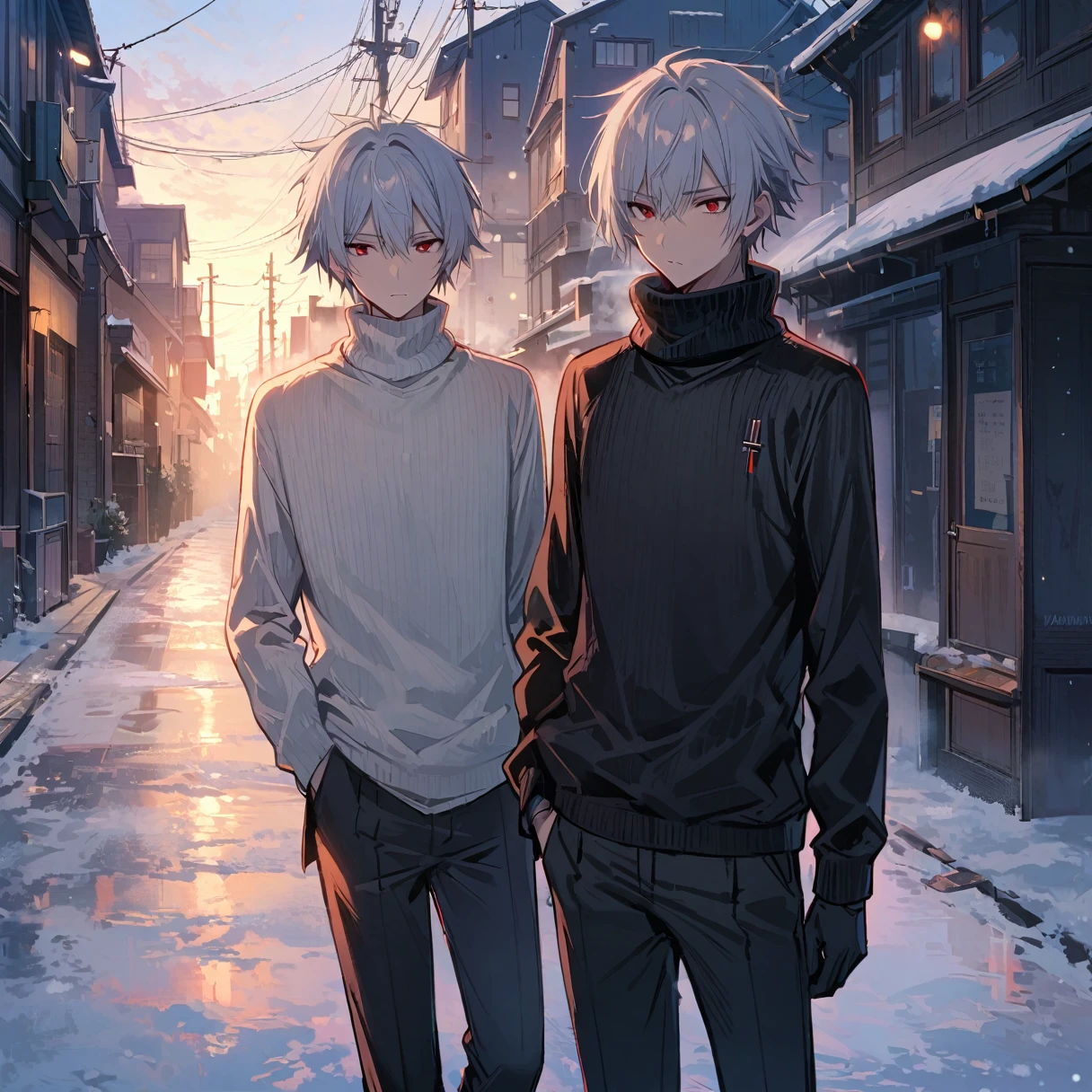 1boy, pale, hair white, red eyes, (wearning turtleneck sweater white, pants black,) cold, neutral, serial
