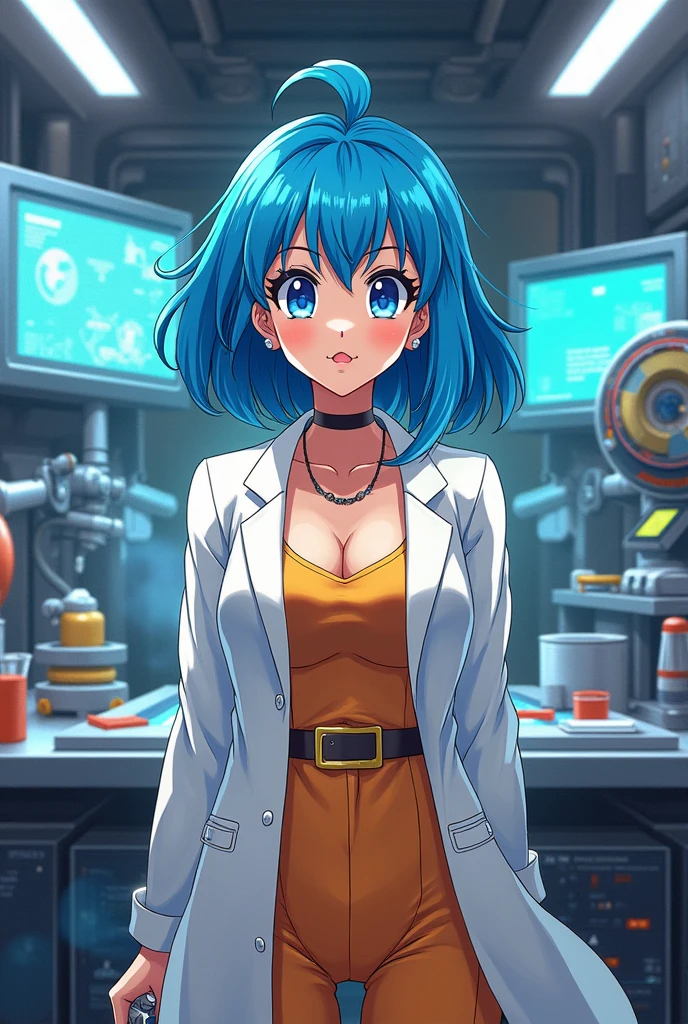 ((((masterpiece, best quality, high resolution)))), Extremely detailed 8K, 1 female, (Bulma from Dragon Ball) wearing a white jacket, (Ultra HD, Ultra-detailed, Highly detailed, Highly realistic, Ultra-realistic, photograph realistic), (1girl:1.5), (Realistic pony tail, blue hair), (dynamic poses), facing at camera, looking at viewer, (a serious focus face), (regular blue eyes, sharp eyes), (perky breasts:1.2), (beautiful detailed face, beautiful detailed eyes), ((slightly sweating)), (working on a mechanical invention), sweat, glow, (sunbeam, sunlight), ((cowboy shot)), laboratory background, seductive, EnvyBetterHands LoCon,